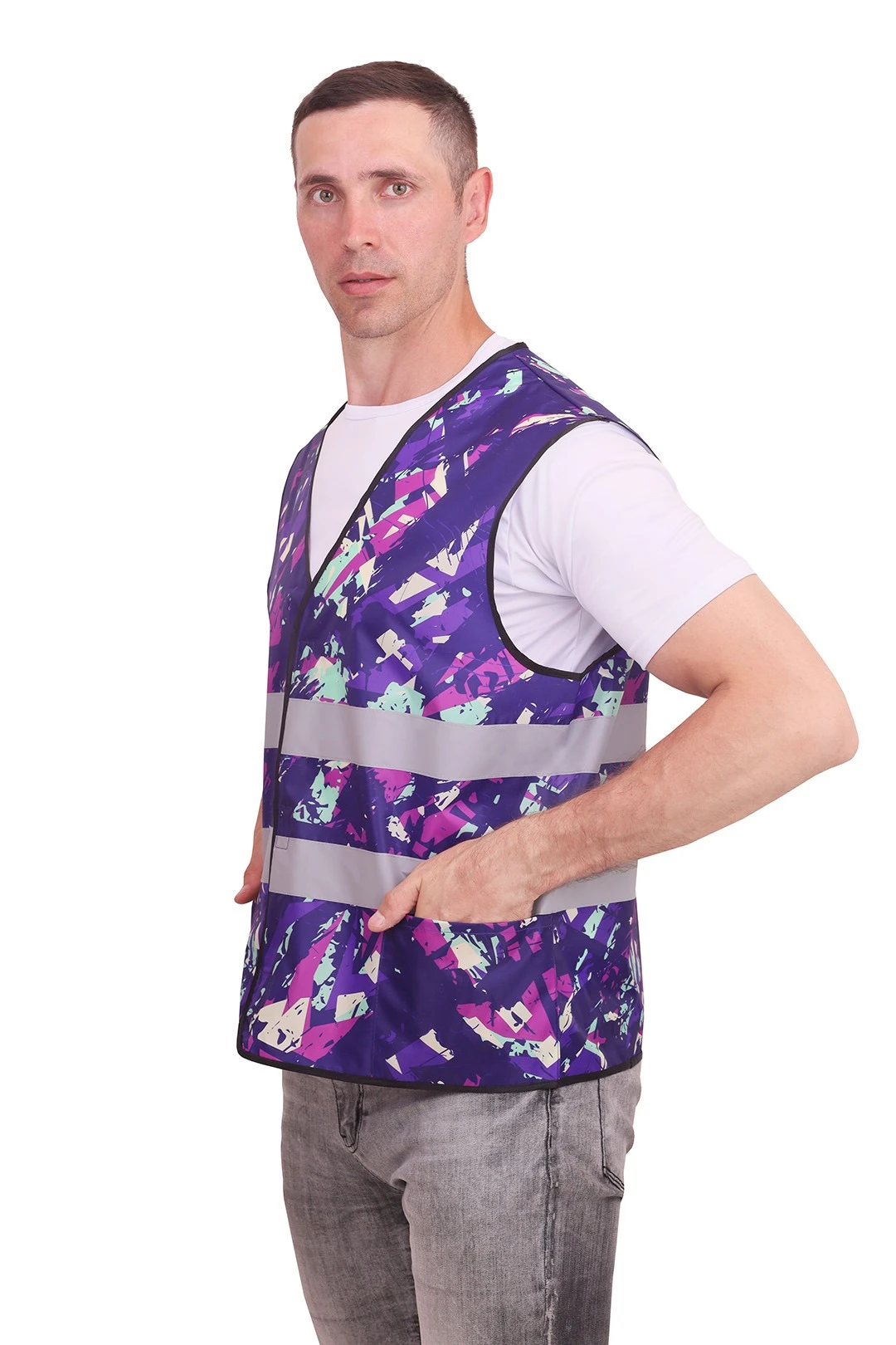 Жилет Эван со светоотражающей лентой унисекс, с полной запечаткой#2 Жилет Эван со светоотражающей лентой унисекс, с полной запечаткой#2
