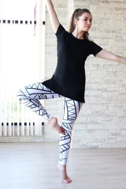 Легинсы женские с широким поясом с принтом "Black and white geometry"#1