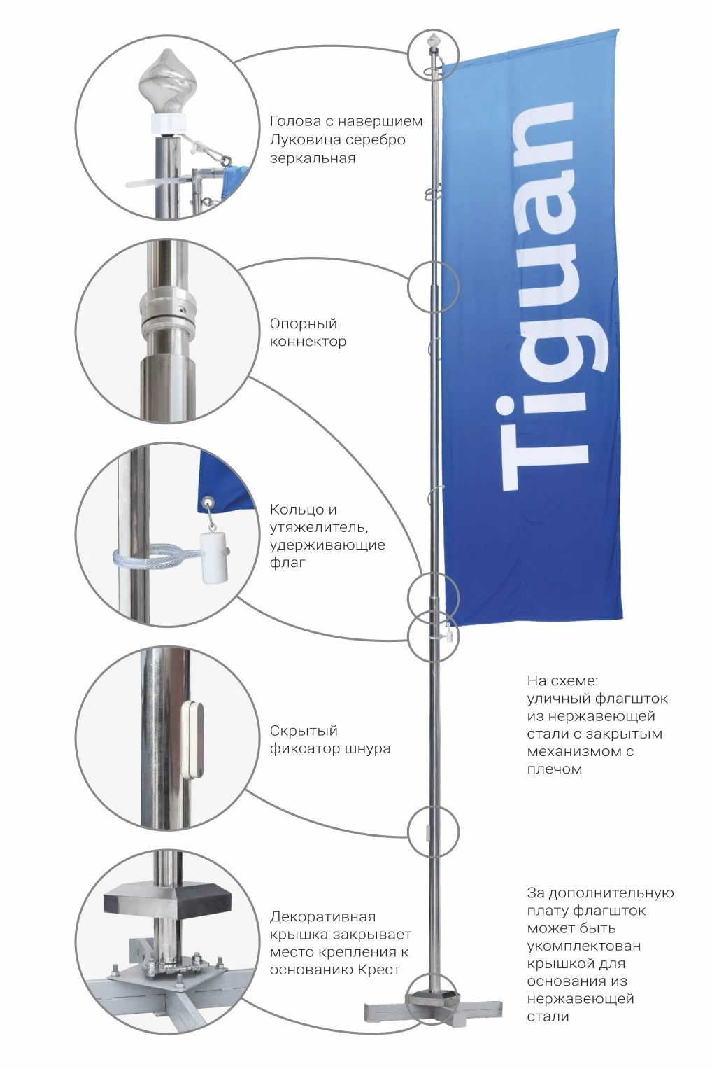 Флагшток из нержавеющей стали с плечом с закрытым механизмом 10 м, Гамма#1