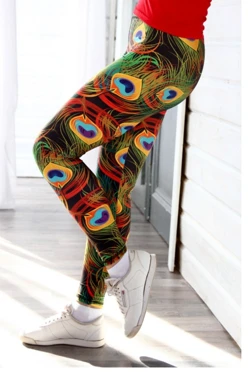 Легинсы женские с широким поясом с принтом "Colored Peacocks"#1