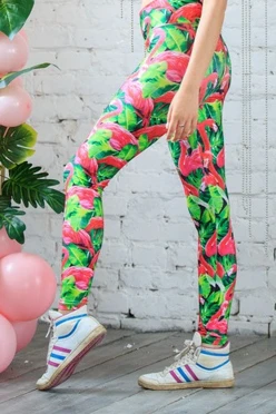 Легинсы женские с широким поясом с принтом "Flamingo"