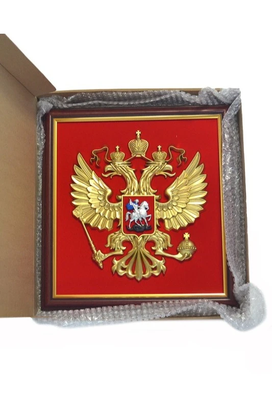 Купить Гербовое панно РФ 40х42 см краска рамка красное дерево Купить Гербовое панно РФ 40х42 см краска рамка красное дерево