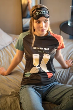 Купить футболку Спэйс женскую из примы с полной запечаткой "Happy New Year 2023"