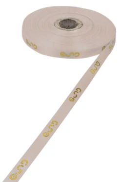 Купить ленту сатин ширина 1 см бежевая, печать золотом с одной стороны