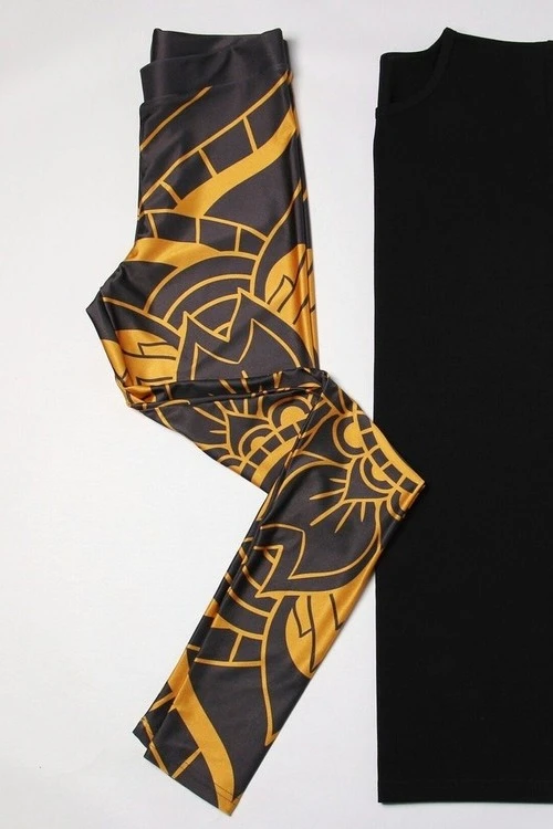 Легинсы женские с узким поясом с принтом "Black and Yellow Mandala"#2