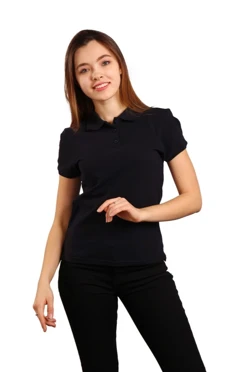 Купить футболку женскую чёрно-синюю Поло Престиж