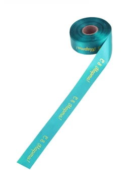 Купить ленту сатин ширина 3 см голубая, печать золотом с одной стороны