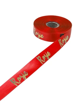 Купить ленту сатин ширина 2 см красная, печать золотом с одной стороны