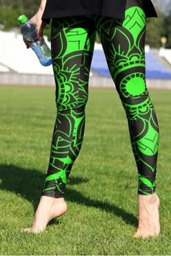 Легинсы женские с широким поясом с принтом "Black and green mandala"