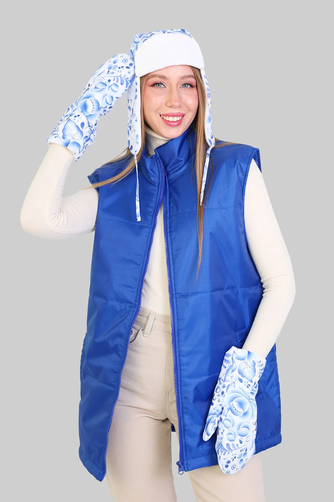 Купить варежки утепленные двухслойные взрослые, с полной запечаткой "Blue Flower"