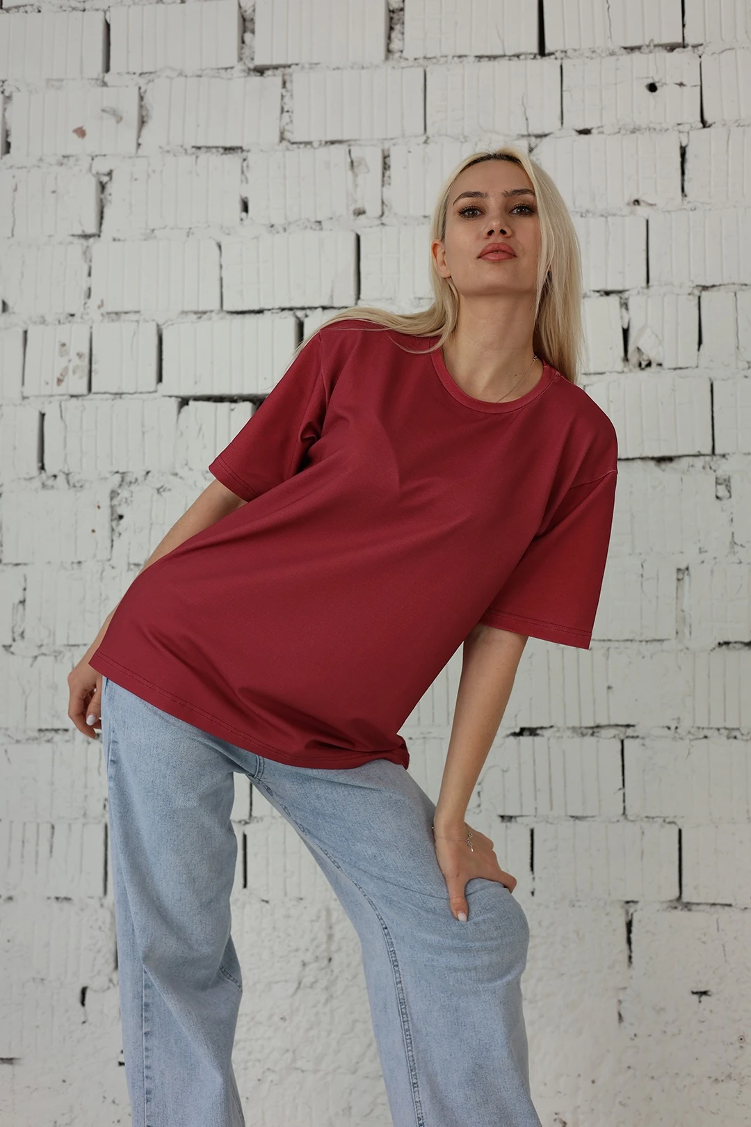 Футболка Мерфи оверсайз унисекс, однотонная бордовая (хлопок)#3