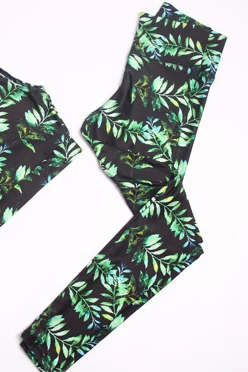 Легинсы женские с широким поясом с принтом "Green Leaves"#1