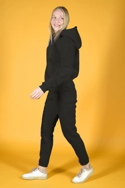 Купить спортивный костюм Лофт из футера женский, однотонный черный