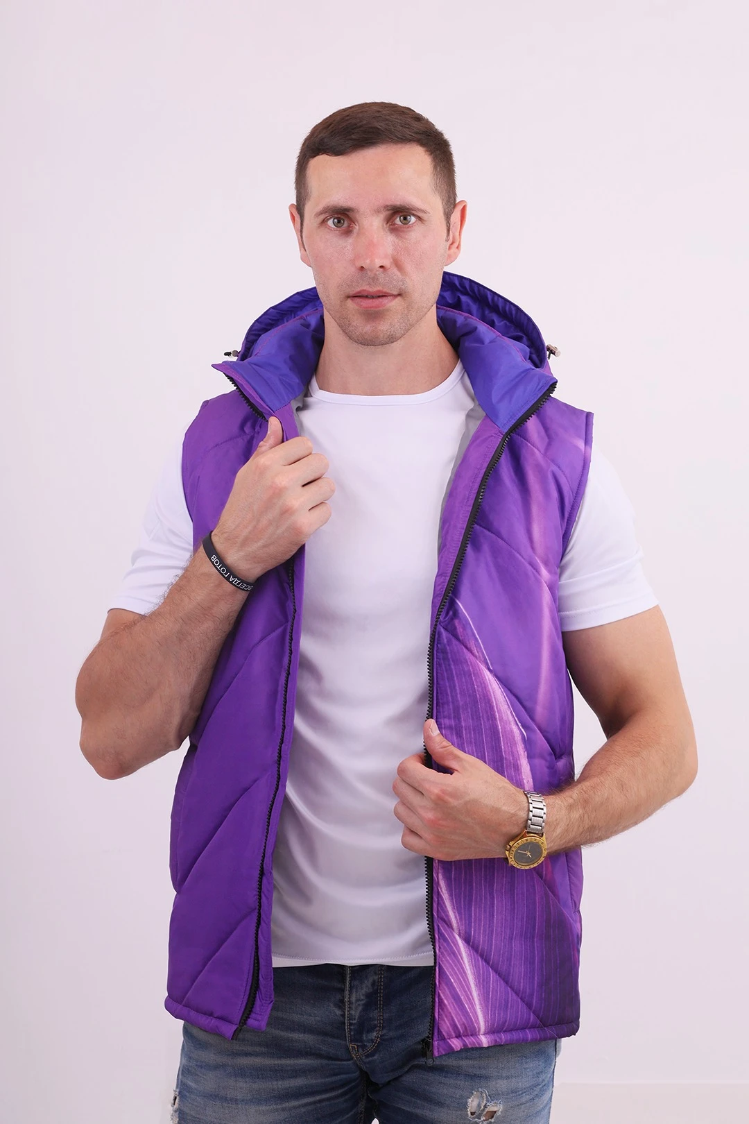 Жилет Стивен на синтепоне с капюшоном унисекс, с полной запечаткой#7