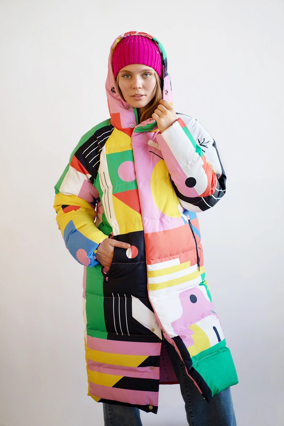 Пуховик Берлин с подкладом из лебяжьего пуха унисекс, с полной запечаткой "Geometry"#4