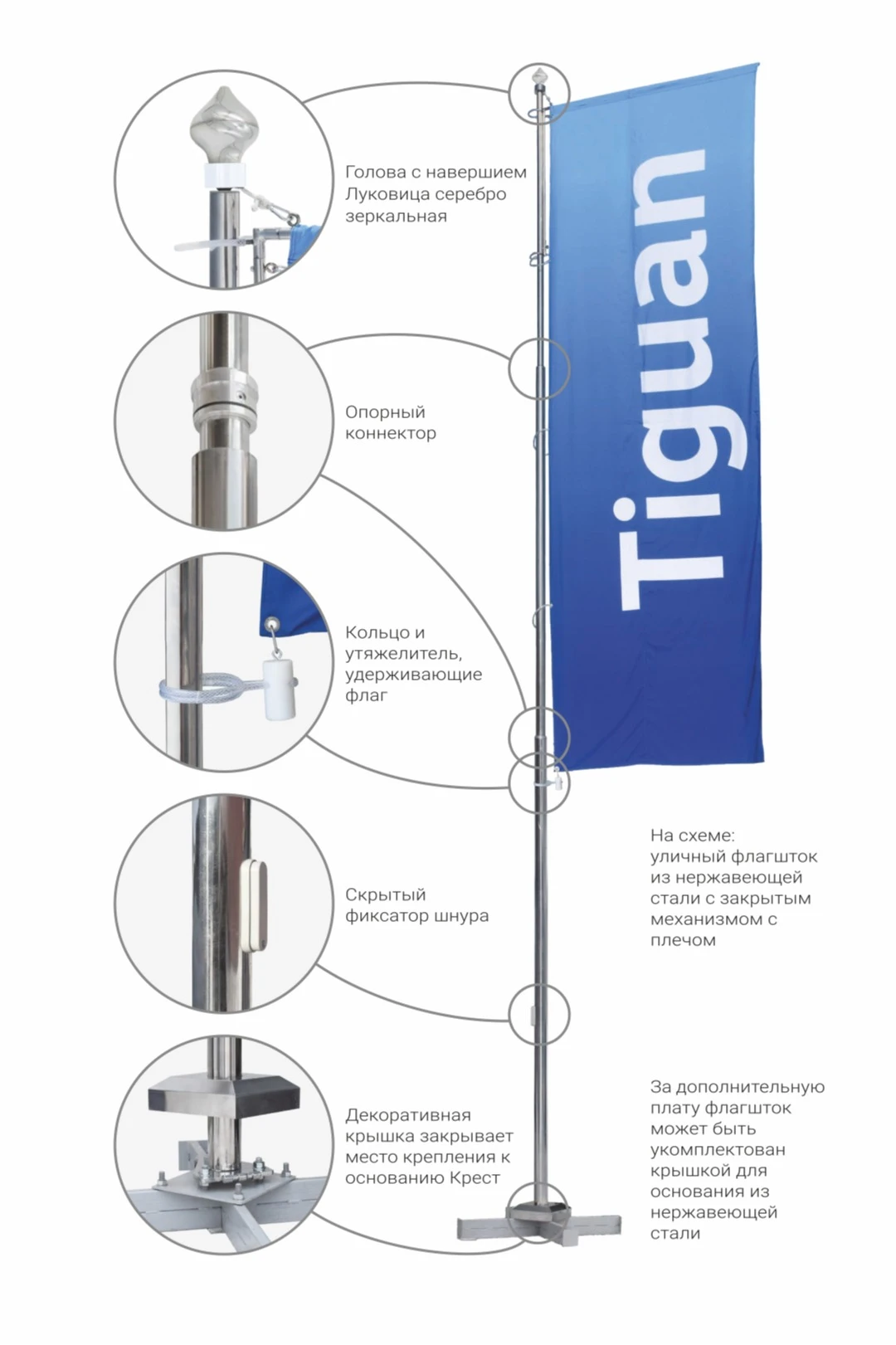 Флагшток из нержавеющей стали с плечом с закрытым механизмом 6 м, Гамма#1