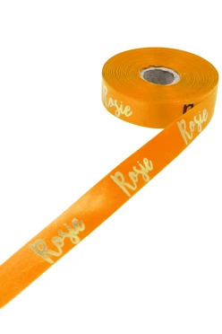 Купить ленту сатин ширина 2 см оранжевая, печать золотом с одной стороны