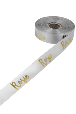 Купить ленту сатин ширина 2 см серая, печать золотом с одной стороны