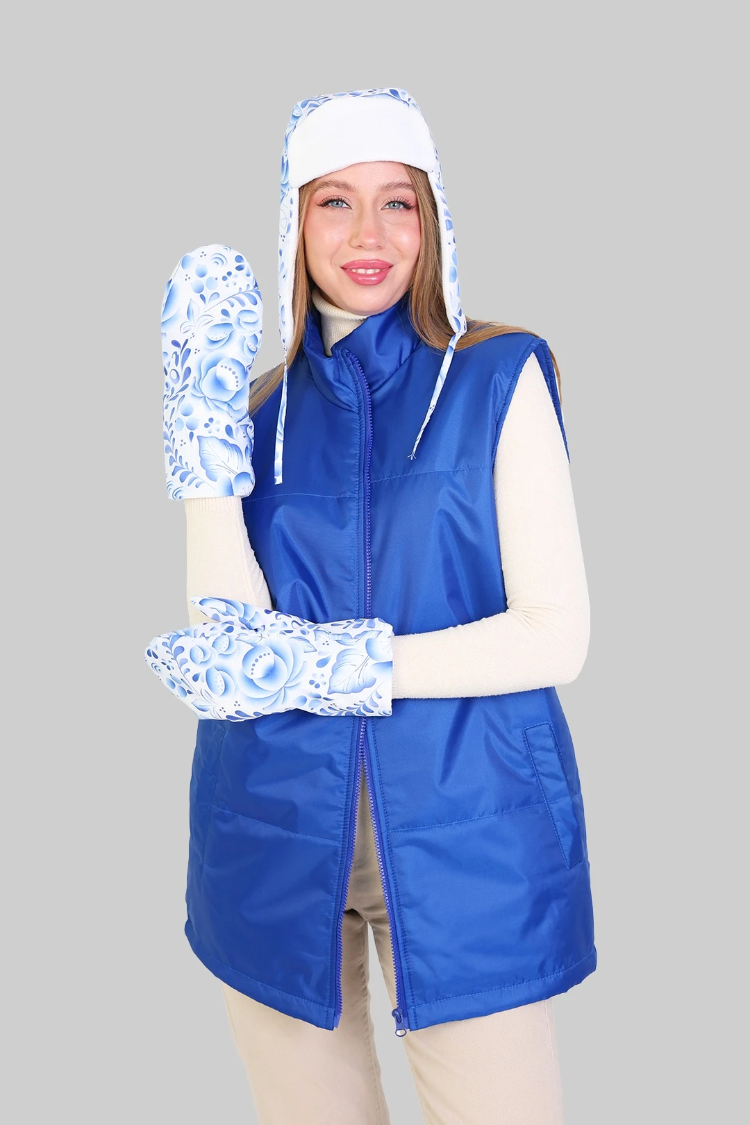 Варежки утепленные двухслойные взрослые, с полной запечаткой "Blue Flower"#1