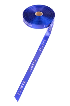 Купить ленту сатин ширина 1,5 см синюю, печать золотом с одной стороны