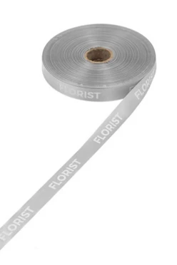 Купить ленту сатин ширина 1,5 см серая, печать белым с одной стороны