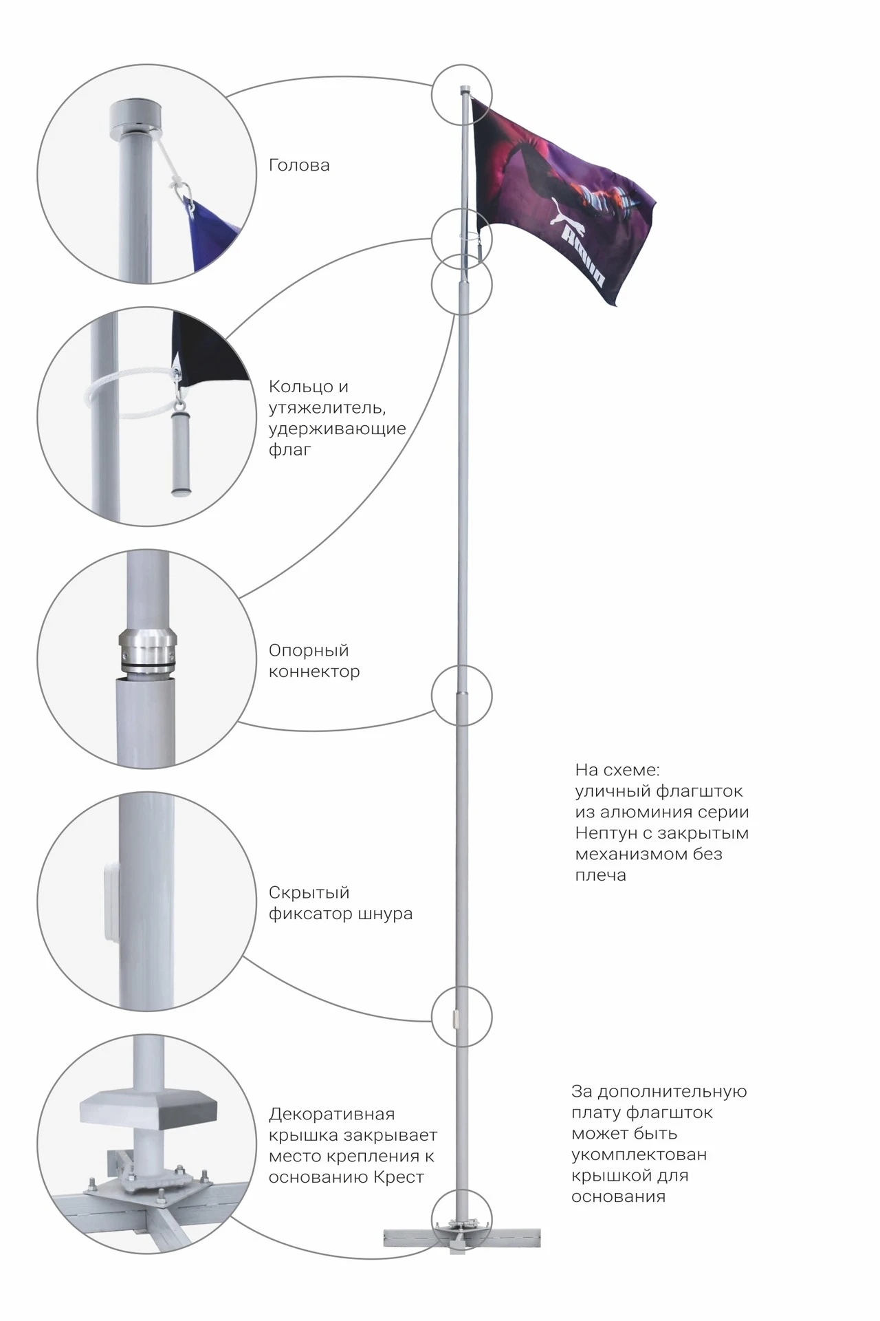 Купить флагшток алюминиевый с закрытым механизмом 8 м