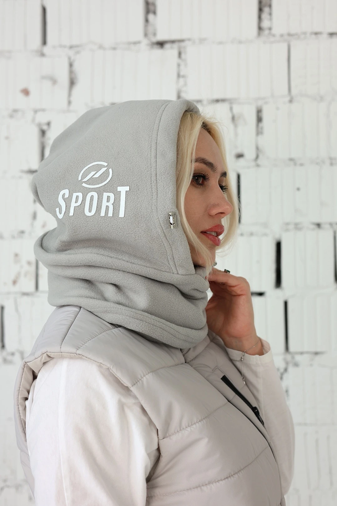 Капор Рейс флисовый взрослый, однотонный светло - серый#1