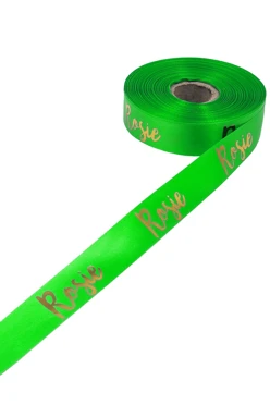 Купить ленту сатин ширина 2 см зеленая, печать золотом с одной стороны