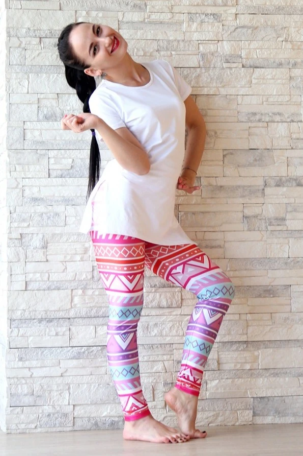 Легинсы женские с широким поясом с принтом "Pink ornament"