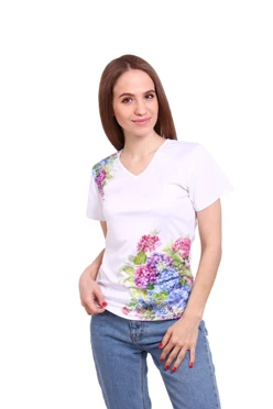 Купить футболку Гэлэкси V-ворот женская из ложной сетки с полной запечаткой "Flowers"