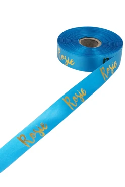 Купить ленту сатин ширина 2 см голубая, печать золотом с одной стороны