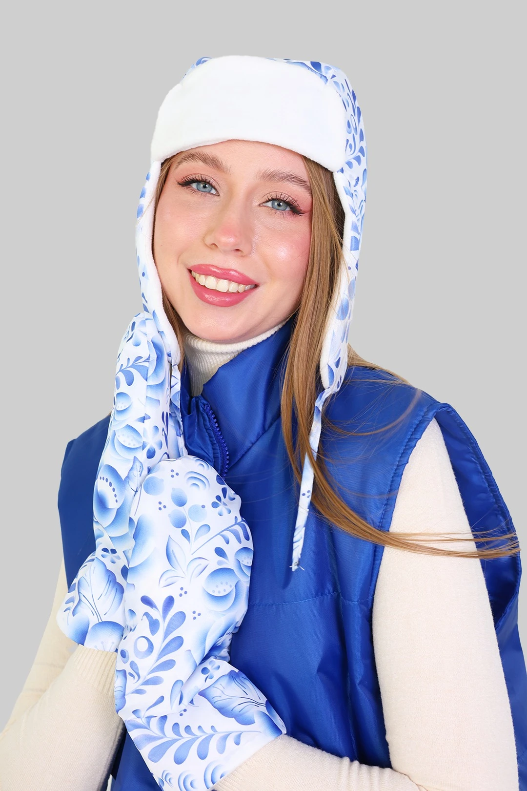 Варежки утепленные двухслойные взрослые, с полной запечаткой "Blue Flower"#2