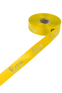 Купить ленту сатин ширина 2 см желтая, печать золотом с одной стороны