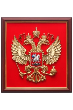 Купить Гербовое панно РФ 40х42 см краска рамка красное дерево