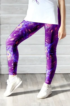 Легинсы женские с широким поясом с принтом "Purple Peacocks"