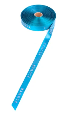 Купить ленту сатин ширина 1,5 см голубую, печать серебром с одной стороны