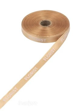 Купить ленту сатин ширина 1,5 см бежевая, печать белым с одной стороны