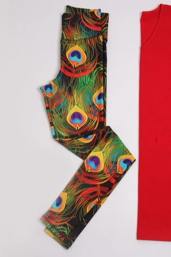 Легинсы женские с широким поясом с принтом "Colored Peacocks"#3