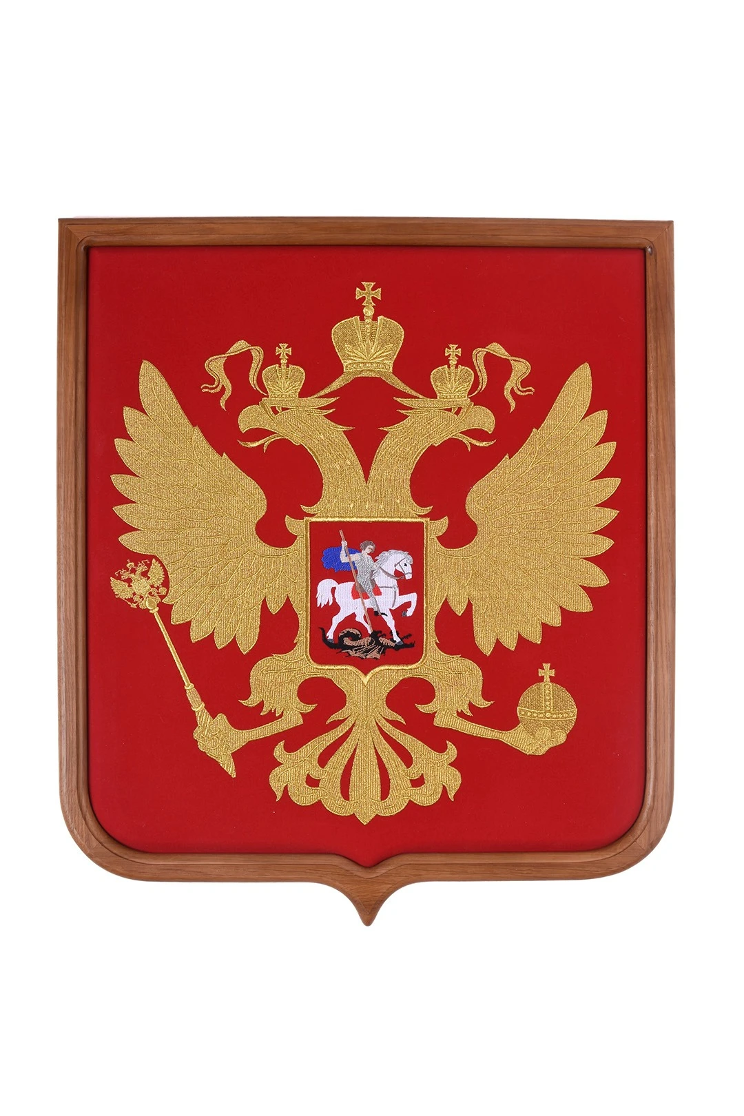Купить Герб РФ вышитый 53х61 см замша рамка светлое дерево
