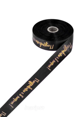 Купить ленту сатин ширина 3 см черная, печать золотом с одной стороны