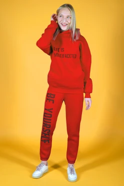 Купить спортивный костюм Лофт из футера женский, однотонный красный