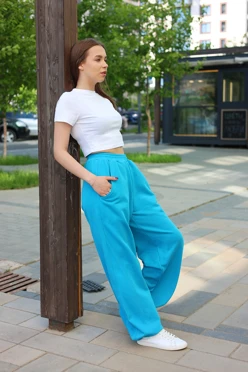 Купить брюки Льюис из футера унисекс, однотонные голубые