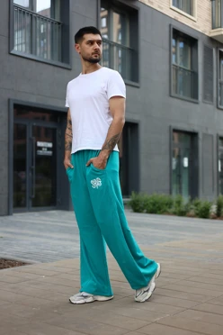 Купить брюки Льюис из футера унисекс, однотонные бирюзовые