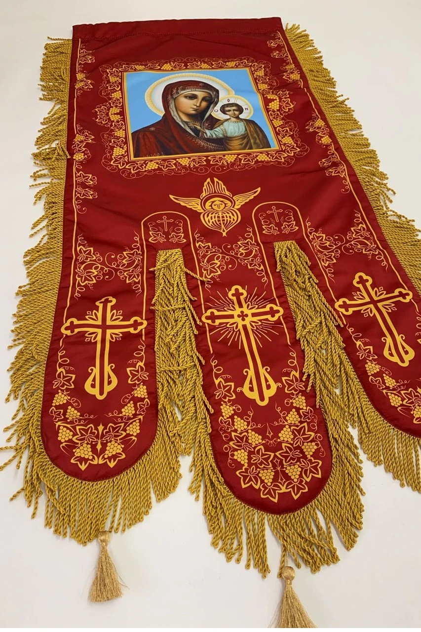 Купить хоругвь печатную с ликом чуд Казанской Божией Матери красную