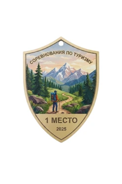 Купить медаль из акрила АК6027 Щит 60х50 мм с УФ печатью "Tourism competitions"