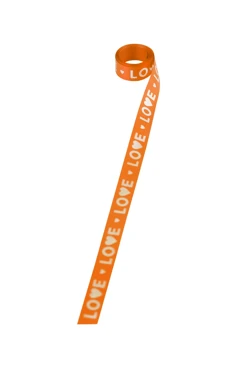 Купить ленту сатин ширина 1,5 см оранжевая, печать серебром с одной стороны