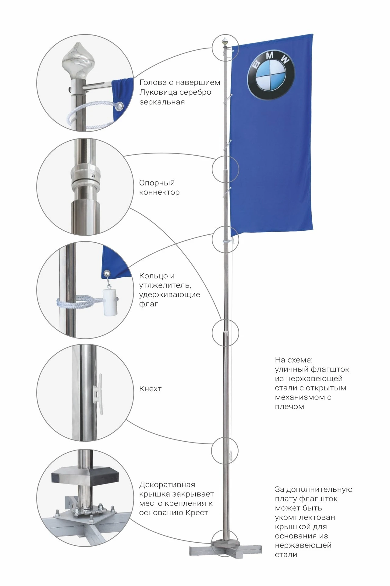 Купить флагшток из нержавейки с открытым механизмом 9 м