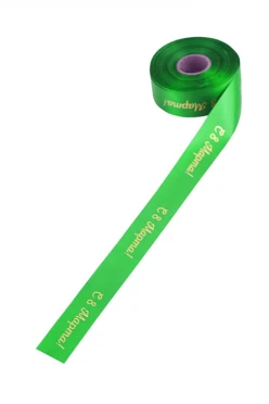 Купить ленту сатин ширина 3 см зеленая, печать золотом с одной стороны