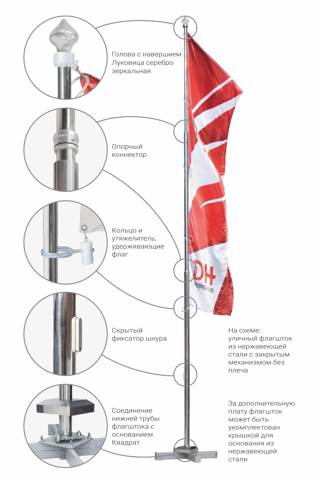 Флагшток из нержавеющей стали с закрытым механизмом 7 м, Гамма#1