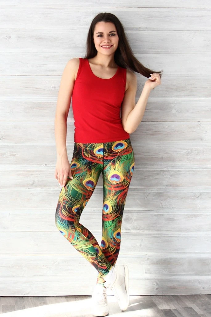 Легинсы женские с широким поясом с принтом "Colored Peacocks"